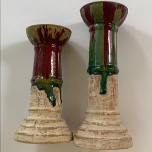 Stunning drippy glazed pottery candle holders PAIR